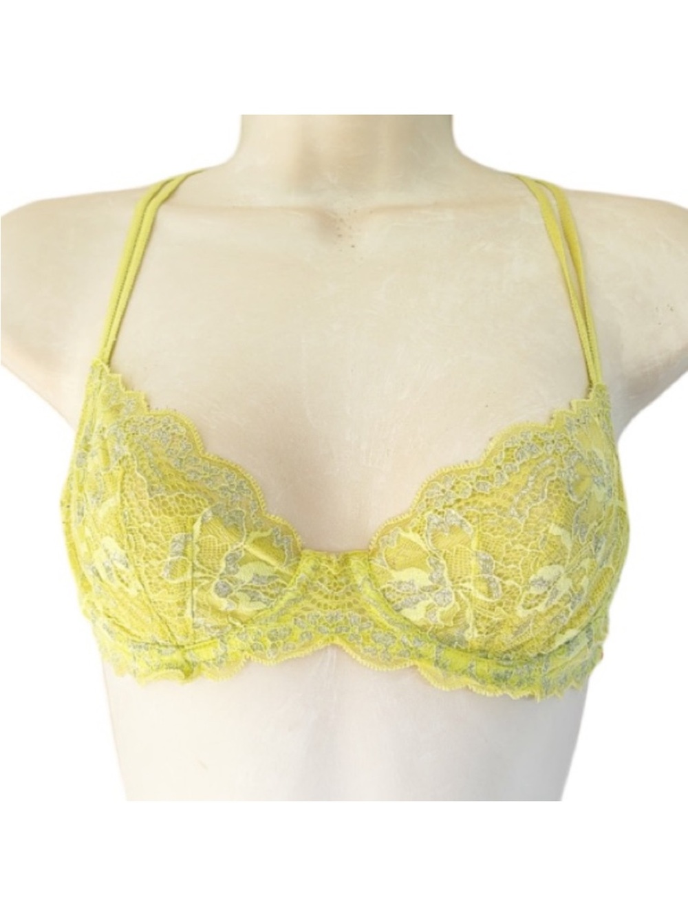 PINK Victoria’s Secret pale yellow lace silver glitter unlined underwire bra 32C